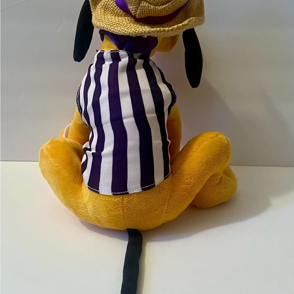 Disney Parks Pluto Plush w/ Straw Hat & Purple Striped Vest Stuffed Animal